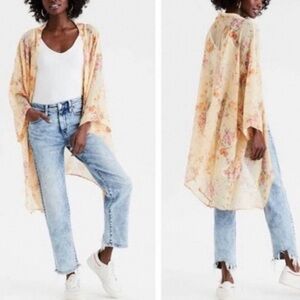 American Eagle Pale Yellow Floral Chiffon Open Front Kimono Boho Festival Beachy